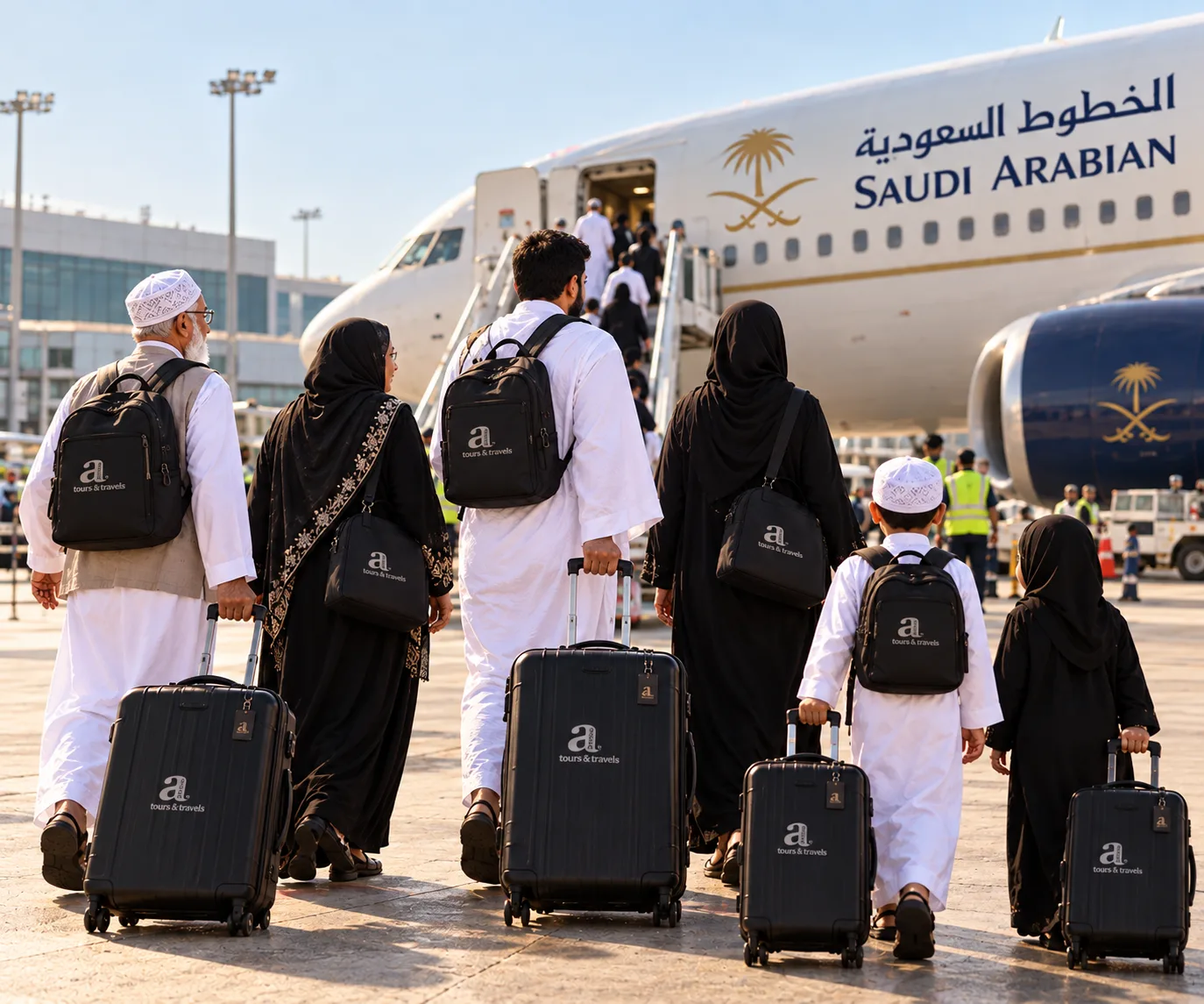 A family of Azeem Tours pilgrims with their branded luggage, walking towards the Saudi Arabian aircraft on the tarmac