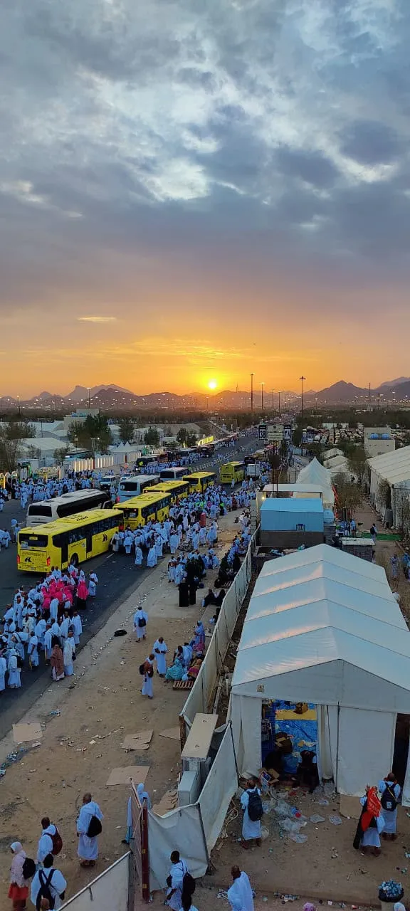 Pilgrims in white and yellow buses lining a road beside tents in Arafat during Hajj