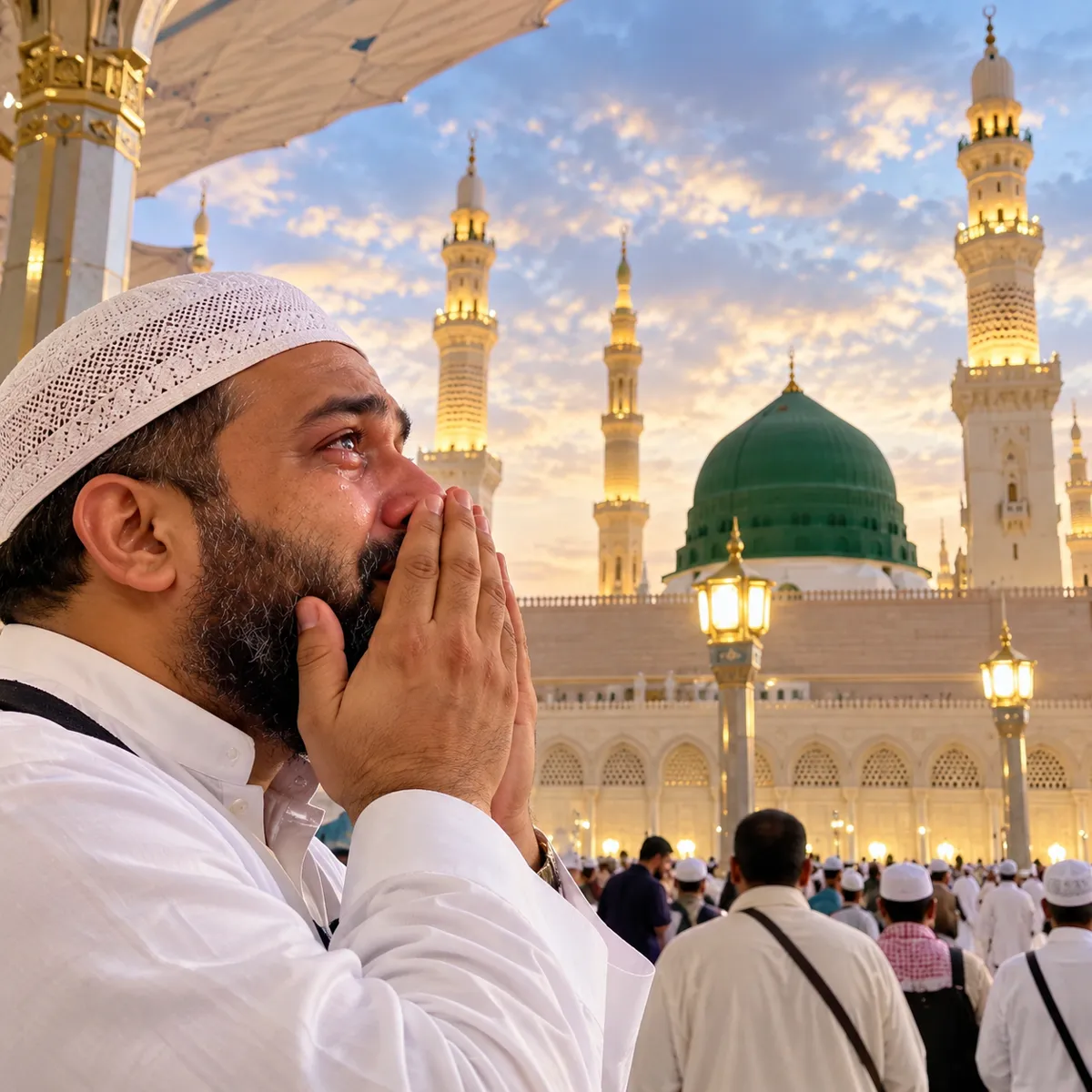 A pilgrim in a white cap raises his hands in tearful prayer before the Green Dome and minarets of Masjid an-Nabawi in Madinah at sunset