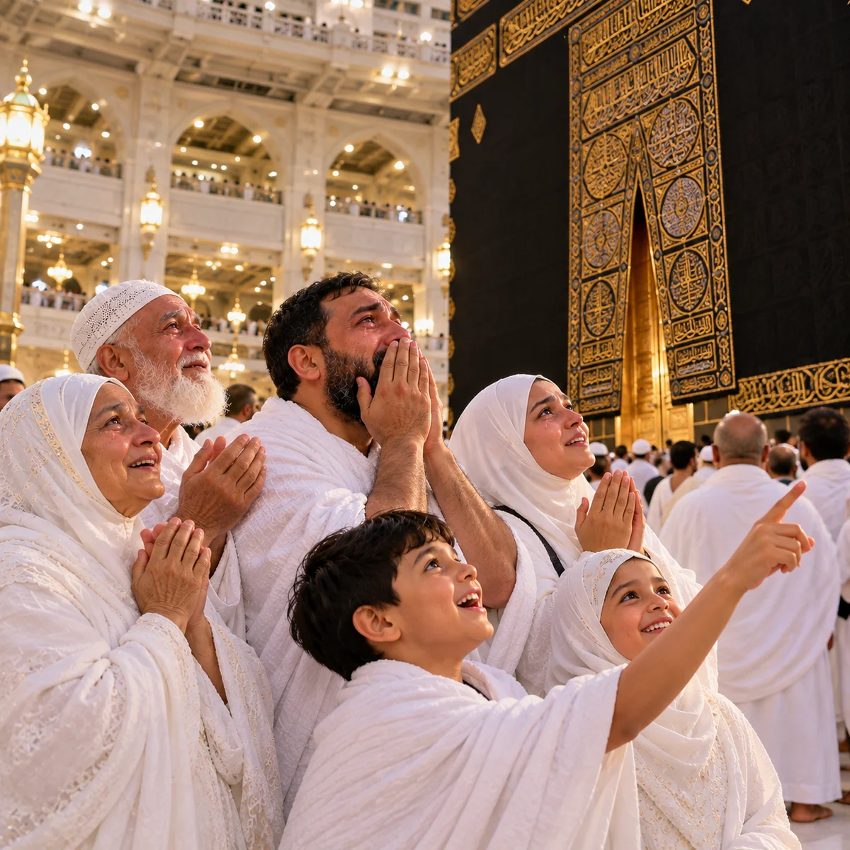 A family of pilgrims in ihram standing before the Kaaba, faces lifted in prayer and wonder