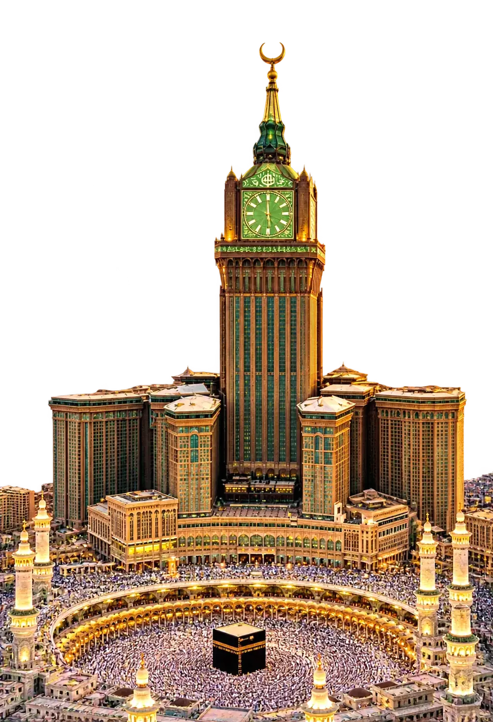 The Makkah Royal Clock Tower glowing gold above the Masjid al-Haram, with thousands of pilgrims circling the Kaaba in its courtyard below