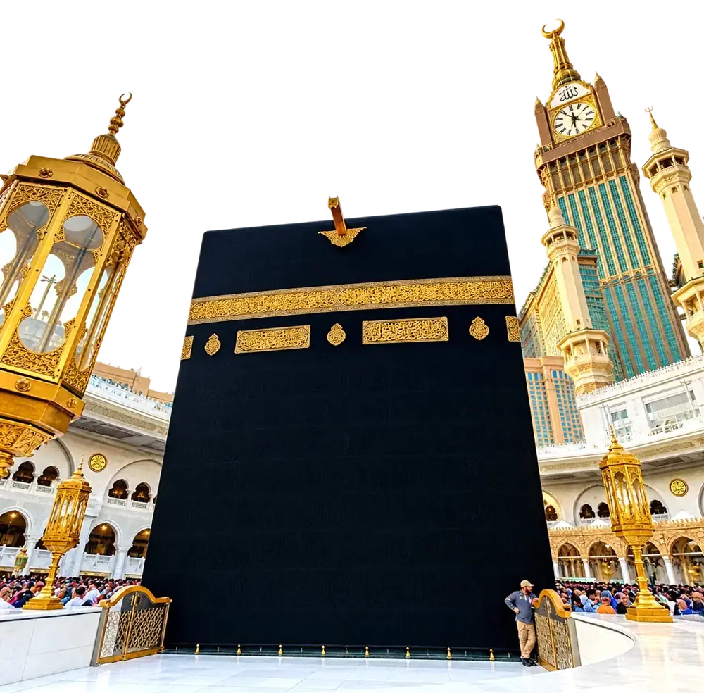 The Kaaba draped in its black kiswa with gold calligraphy, framed by ornate golden lanterns and the Makkah Royal Clock Tower in the Masjid al-Haram